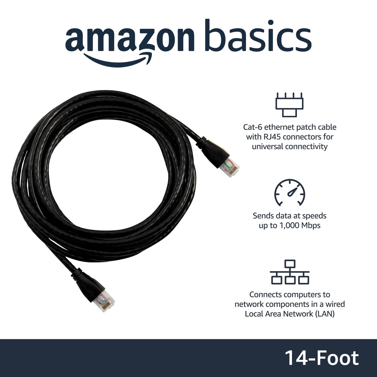 Amazon Basics RJ45 Cat-6 Ethernet Patch Cable, 1Gpbs Transfer Speed, Gold-Plated Connectors, 25 Foot (7.6 Meters), Black