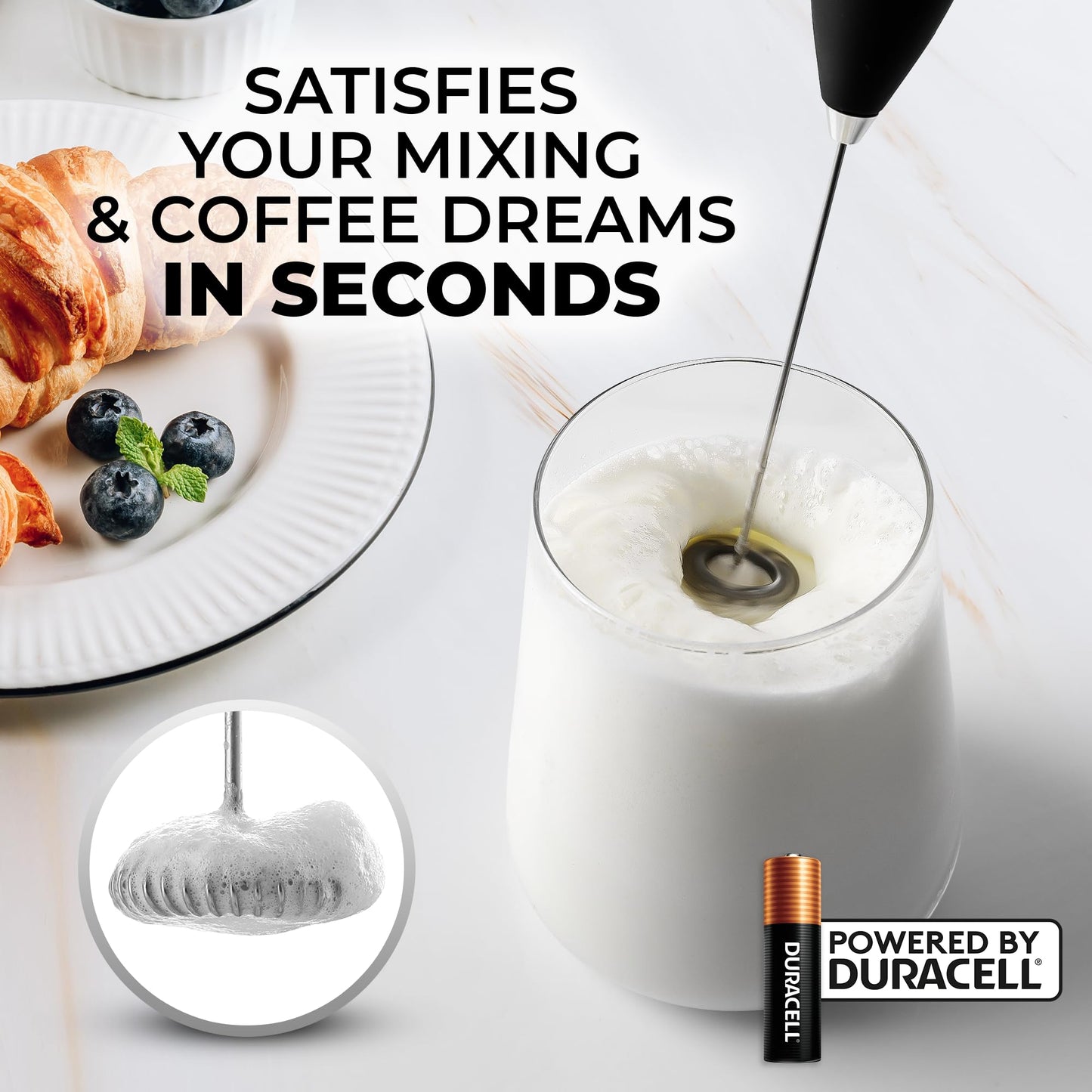 Zulay Powerful Milk Frother (4 Duracell Batteries Included) - Handheld Milk Frother Wand Drink Mixer for Coffee - Powerful Milk Foamer for Cappuccino, Frappe, Matcha & Coffee Creamer - Black