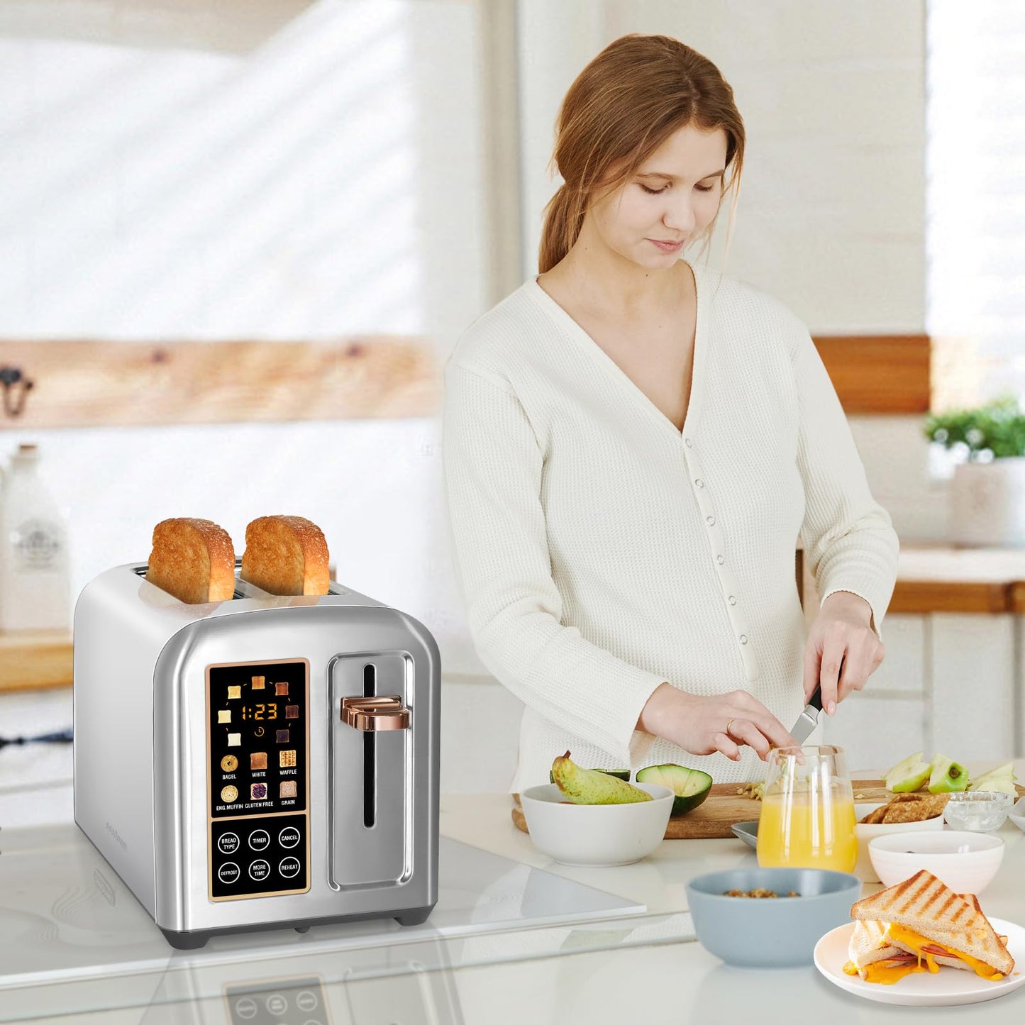 SEEDEEM Toaster 2 Slice, Stainless Toaster LCD Display&Touch Buttons, 50% Faster Heating Speed, 6 Bread Selection, 7 Shade Setting, 1.5''Wide Slot, Removable Crumb Tray, 1350W, Dark Metallic