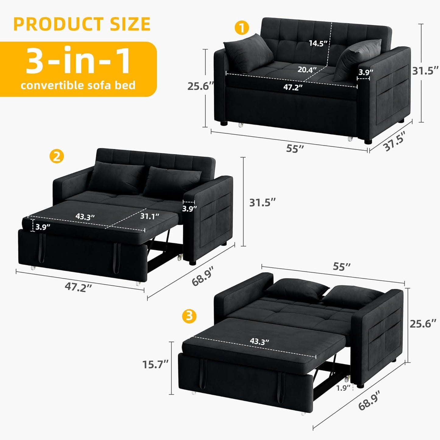 DWVO 55" Convertible Sofa Bed, 3-in-1 Sleeper Sofa with Pull-Out Bed, Velvet Futon Couch with Adjustable Backrest and Side Pocket, Modern Loveseat for Living Room Apartment, Black