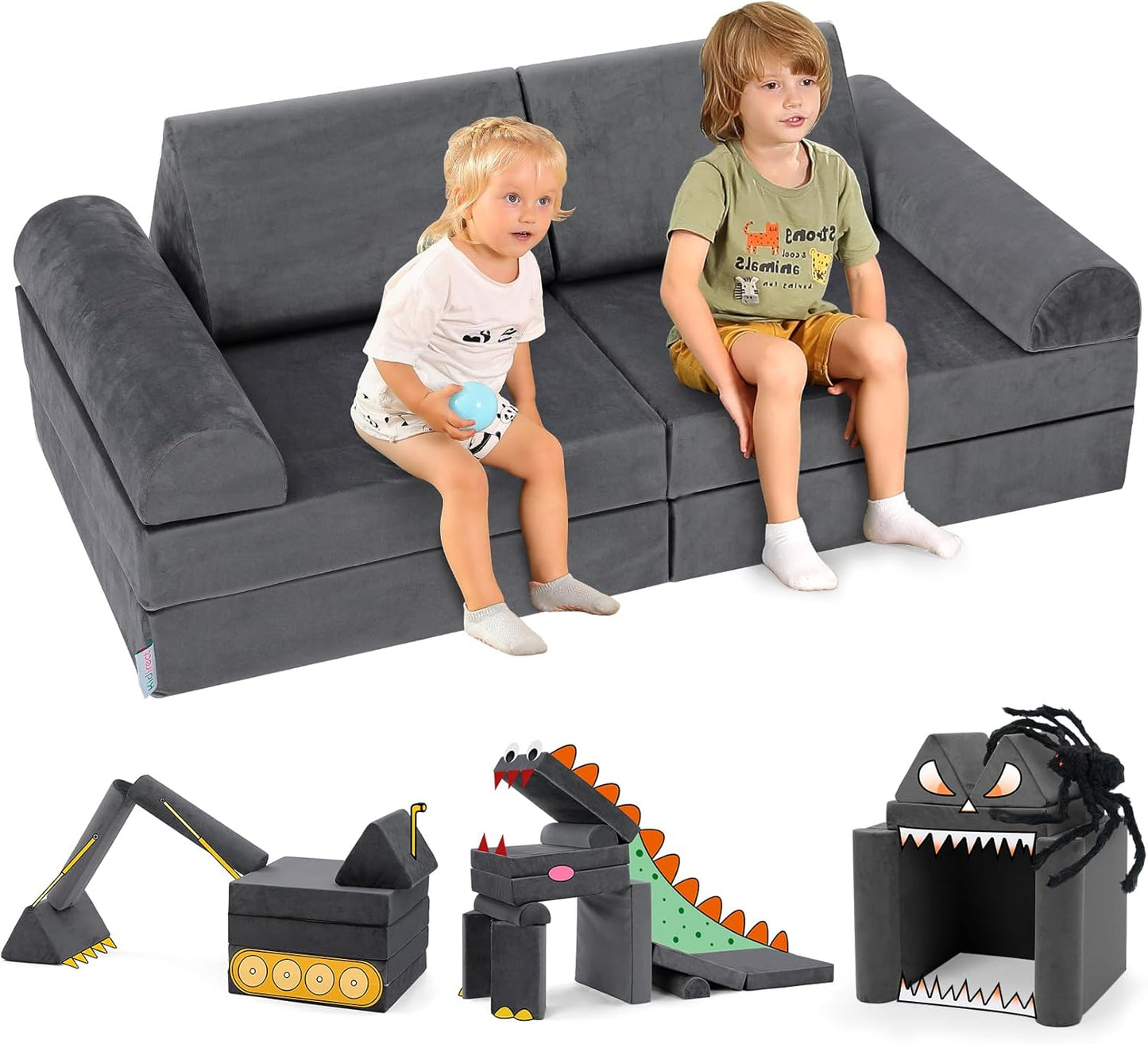 350+ DIY Modular Kids Play Couch Gift Set, Building Fort Playroom and Bedroom Essentials Furniture for Boys and Girls, Large Kids Couch for Toddlers to Teens, Space Grey