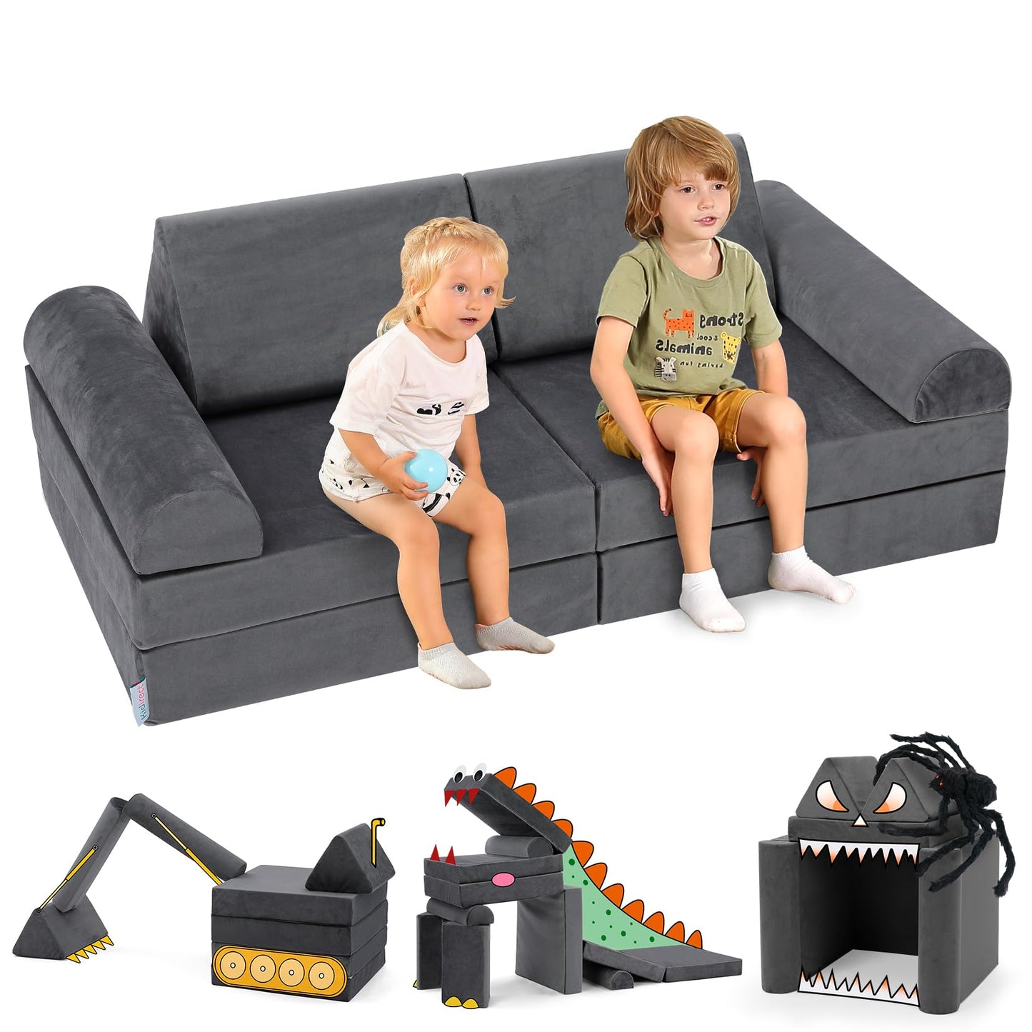 350+ DIY Modular Kids Play Couch Gift Set, Building Fort Playroom and Bedroom Essentials Furniture for Boys and Girls, Large Kids Couch for Toddlers to Teens, Space Grey