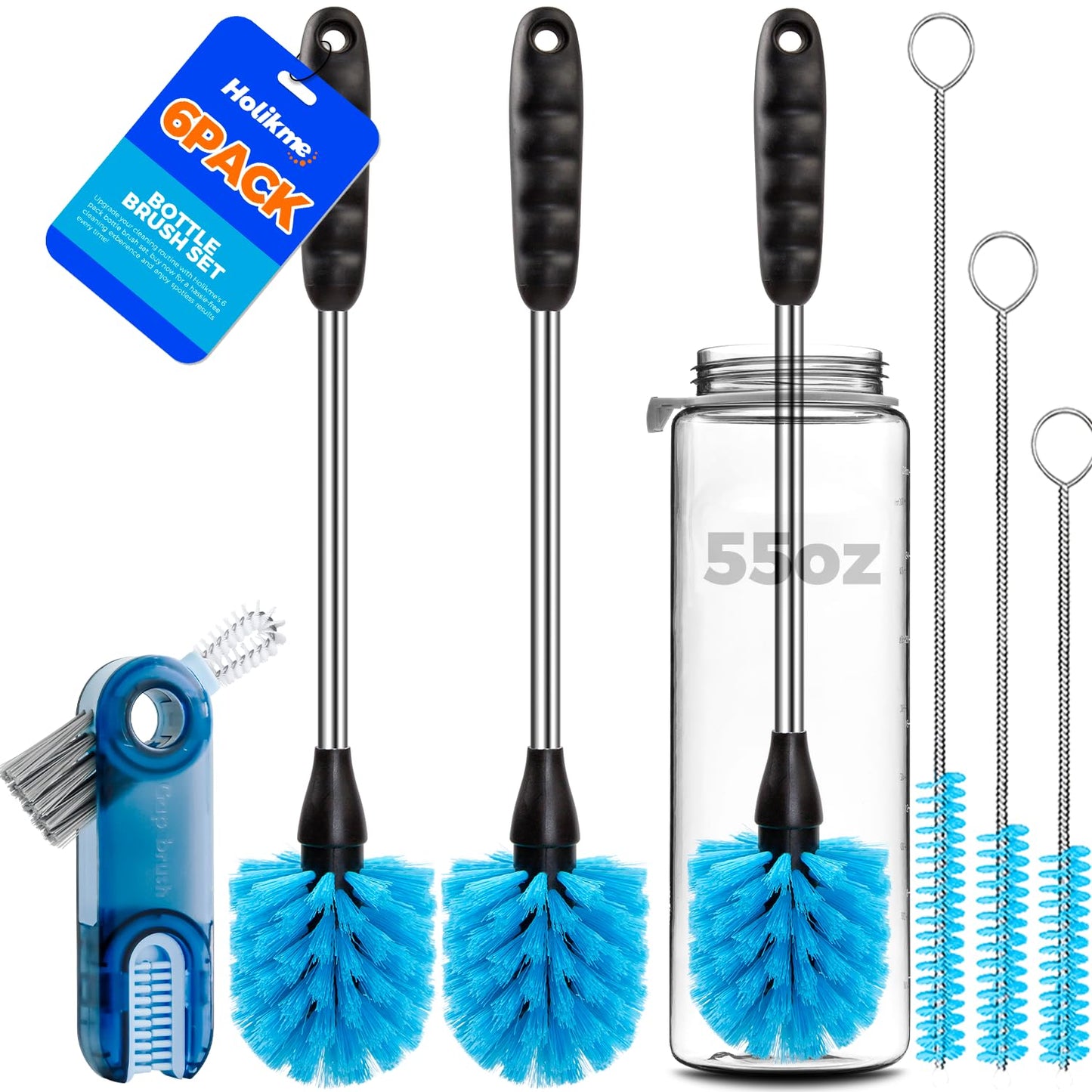 Holikme 6 Pack Bottle Brush Set, 14" Long Handle Stainless Steel Bottle Cleaner Brush, 3 Straw Brushes, 3-in-1 Bottle Cleaning Brush for Water Bottle, Baby Bottle, Straws Black