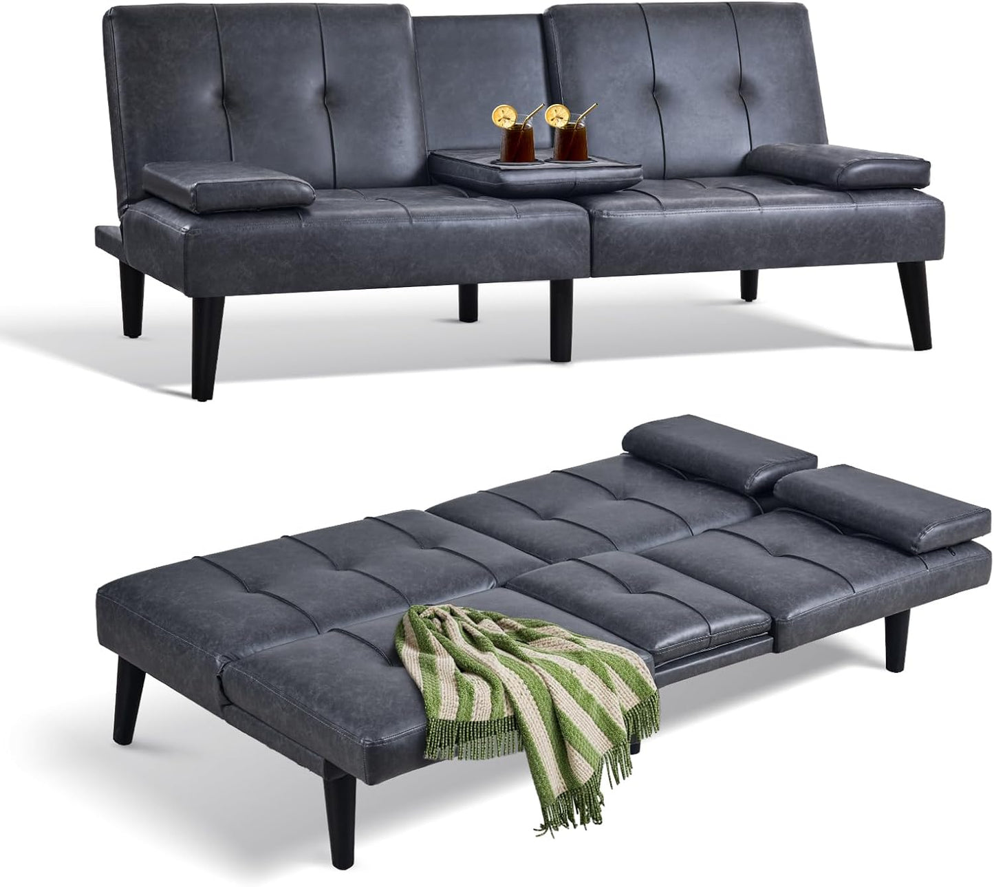 COLAMY Futon Sofa Bed-Leather Small Futon Couch, Futon Lounge Sofa, Futon Convertible with Cup Holder, Removable Armrest, Adjustable Backrest Darkgrey