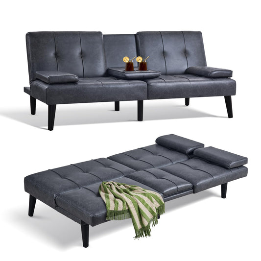 COLAMY Futon Sofa Bed-Leather Small Futon Couch, Futon Lounge Sofa, Futon Convertible with Cup Holder, Removable Armrest, Adjustable Backrest Darkgrey