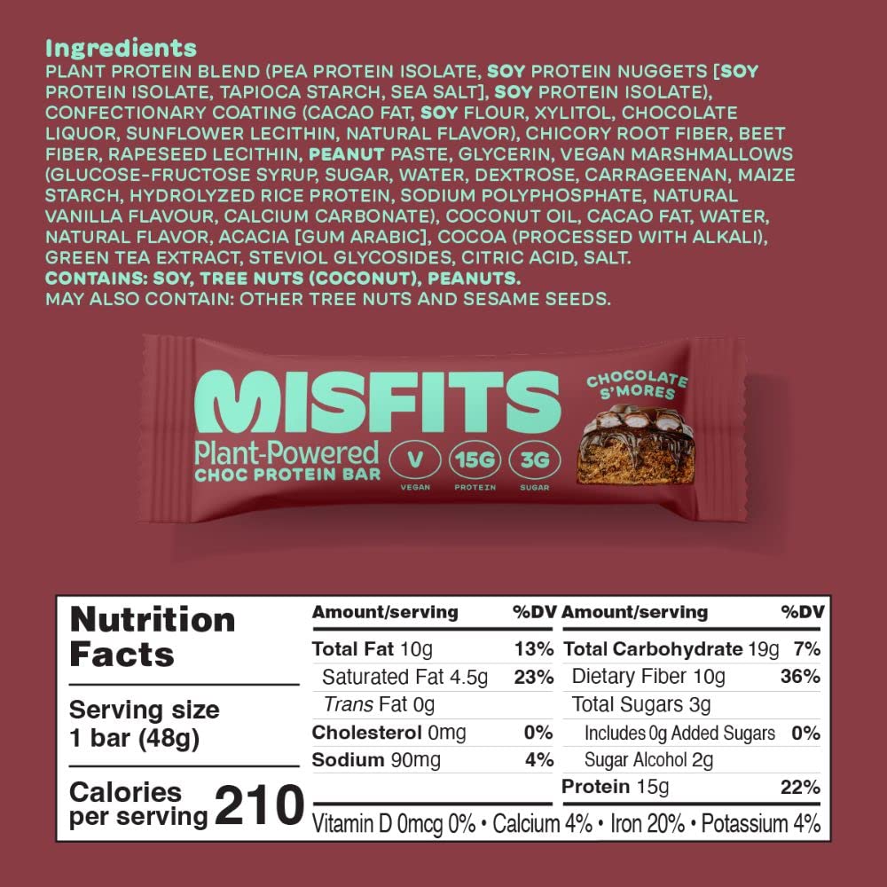 Misfits Vegan Protein Bar, Variety Pack, Plant Based Chocolate Protein Bars, High Protein Snacks for Adults with 15g Plant Protein Per Bar, Low Carb, 1g Sugar, High Fiber, Healthy Snack Food, 12 Pack