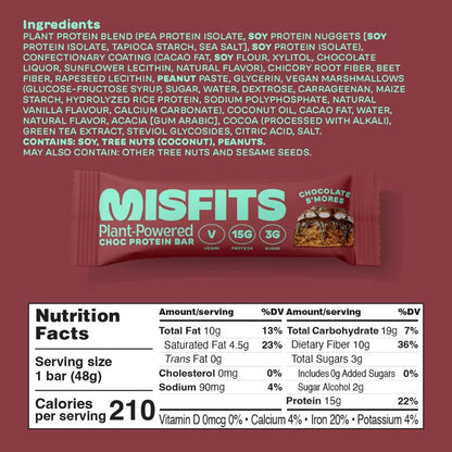 Misfits Vegan Protein Bar, Variety Pack, Plant Based Chocolate Protein Bars, High Protein Snacks for Adults with 15g Plant Protein Per Bar, Low Carb, 1g Sugar, High Fiber, Healthy Snack Food, 12 Pack