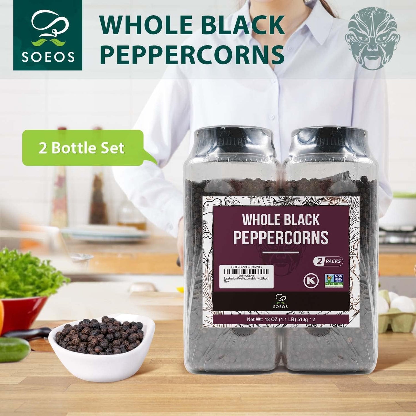 Soeos Black Peppercorns, 16oz (Pack of 1), Non-GMO, Kosher, Packed to Keep Peppers Fresh, Peppercorn for Grinder Refill, Whole Peppercorns