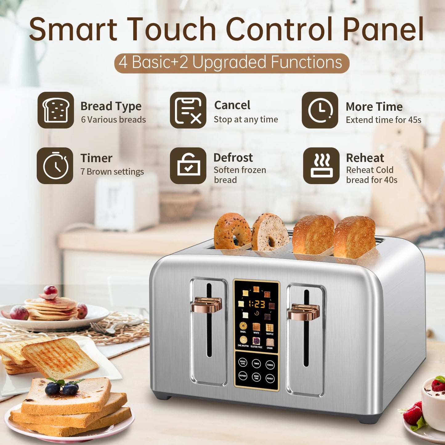 SEEDEEM Toaster 2 Slice, Stainless Toaster LCD Display&Touch Buttons, 50% Faster Heating Speed, 6 Bread Selection, 7 Shade Setting, 1.5''Wide Slot, Removable Crumb Tray, 1350W, Dark Metallic