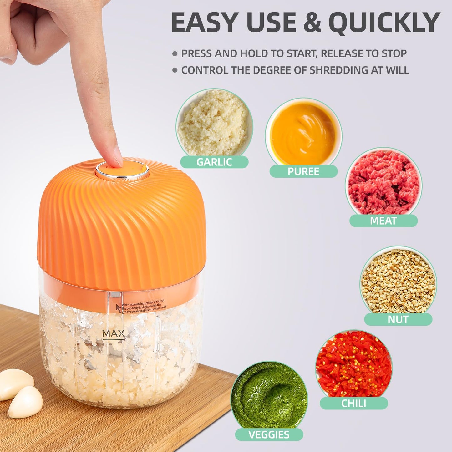 Electric Garlic Chopper, Mini Portable Veggie Chopper, 250ML Garlic Grinder Masher Onion Chopper, Blender to Vegetable, Wireless Food Processor for Ginger, Chili, Fruit, Meat, etc