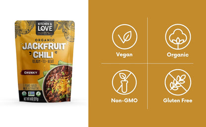 Kitchen & Love Jackfruit Chunky Chili, Organic, Fully Cooked, Versatile Plant Based Meat Alternative, Gluten Free, Ready in 90 seconds, High in Fiber, Non GMO Verified, Kosher, Vegan, Easy to Prepare Quick Meal 8 Oz (Pack of 6)