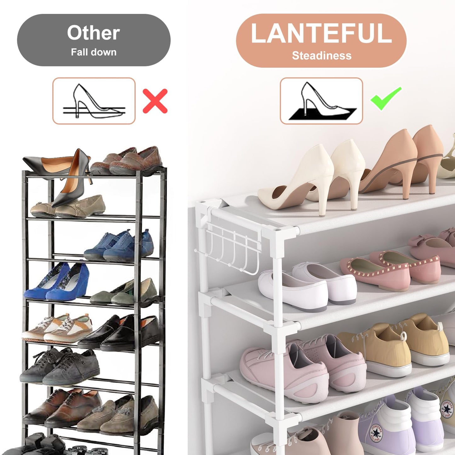 10 Tiers Shoe Rack 50 Pairs Large Capacity Tall Shoe Organizer Sturdy Shoe Storage with Two Hooks Space Saving Metal Wide Shoe Rack for Closet, Entryway, Bedroom, Grey