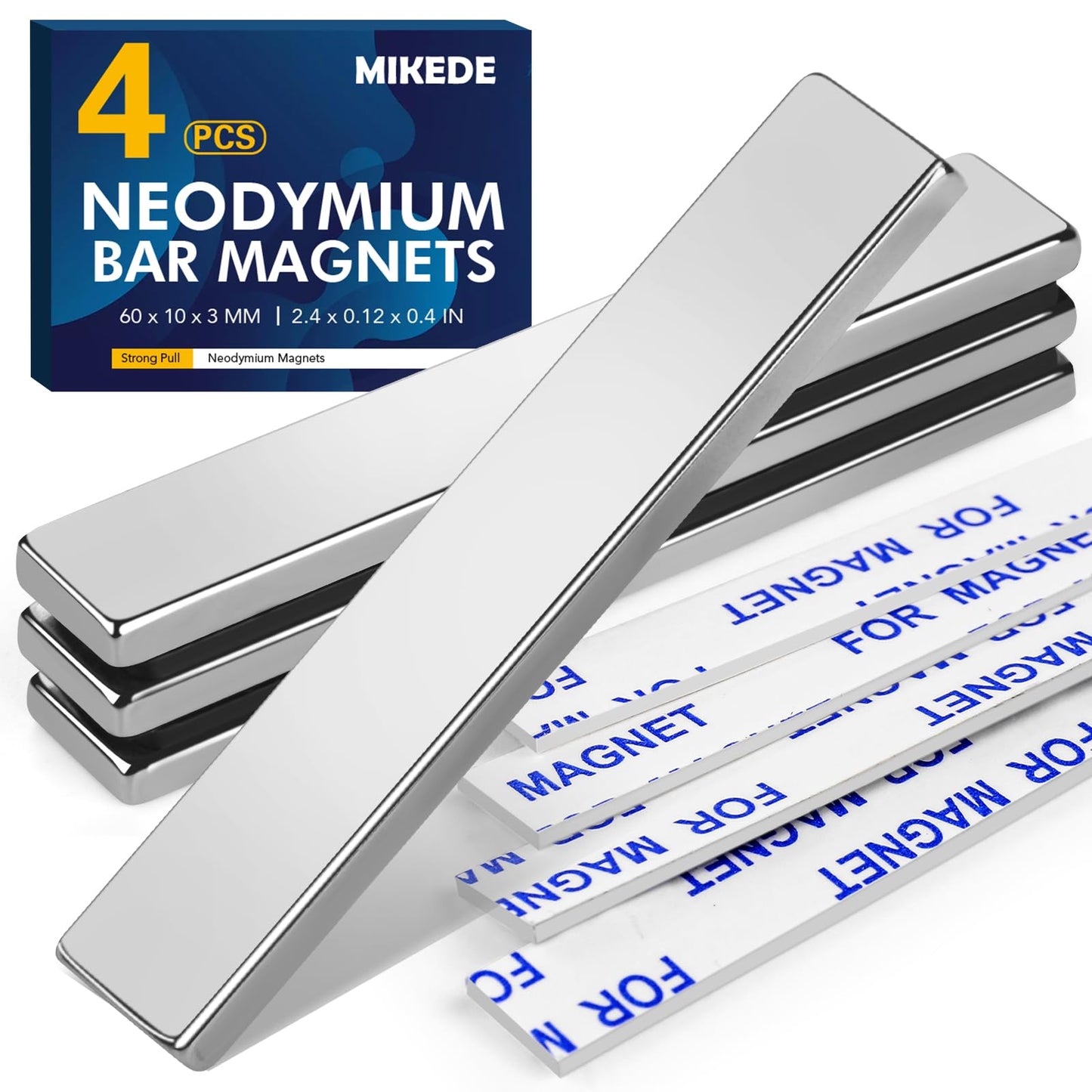 MIKEDE Strong Rare Earth Neodymium Magnets, Heavy Duty Bar Magnets with Double-Sided Adhesive, Powerful Pull Force, Perfect for Fridge, Garage, Kitchen, Science, Craft, Office, DIY 60x10x3mm 6pack