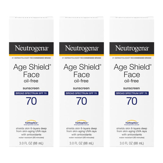 Neutrogena Age Shield Face Oil-Free Sunscreen Lotion with Broad Spectrum SPF 70, Non-Comedogenic Moisturizing Sunscreen to Help Prevent Signs of Aging, PABA-Free, 3 fl. oz (Pack of 3)