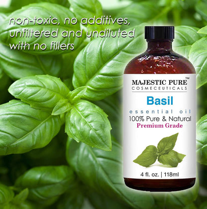 MAJESTIC PURE Basil Essential Oil, Premium Grade, Pure and Natural Premium Quality Oil, 4 Fl Oz