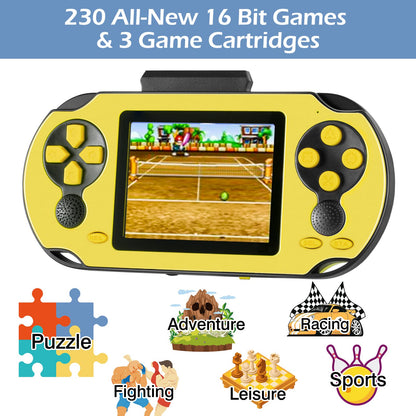 16 Bit Handheld Game Console for Kids Adults, 3.0'' Large Screen Preloaded 230 HD Classic Retro Video Games with USB Rechargeable Battery & 3 Game Cartridges for Birthday Gift for Kids 4-12