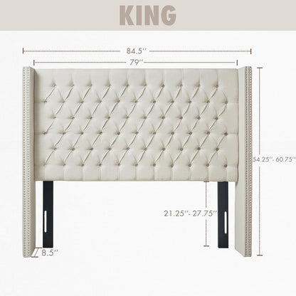 Madison Park Amelia Upholstered Headboard | Nail Head Trim Wingback Button Tufted | King, Cream