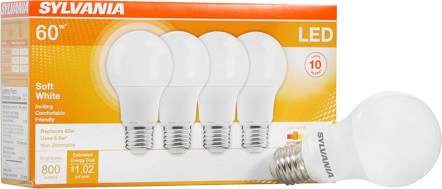 SYLVANIA LED A19 Light Bulb, 60W Equivalent Efficient 8.5W Medium Base, 2700K Soft White, 4 pack