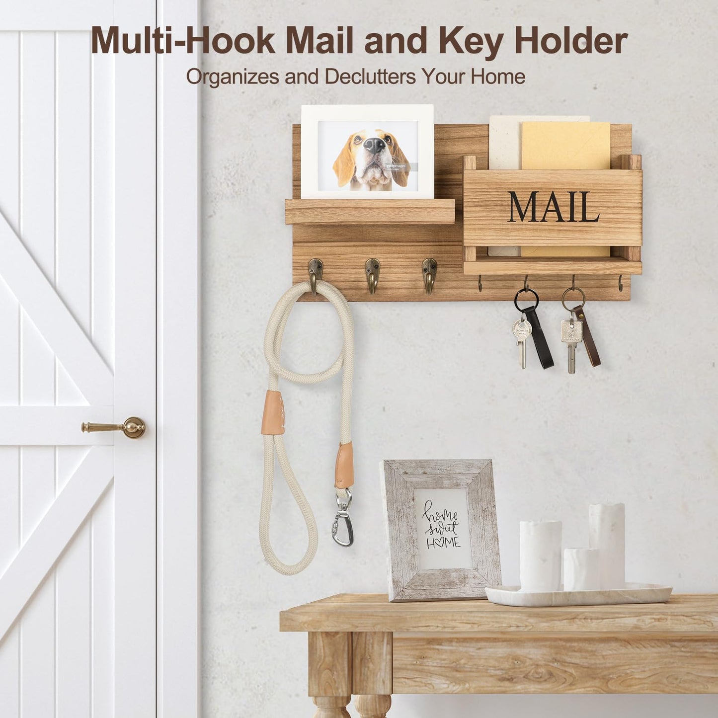 Mail Organizer for Wall Mount – Key Holder with Shelf includes Letter Holder and Hooks for Hallway Farmhouse Decor – Rustic Wood with Flush Mounting Hardware (16.5” x 9.1” x 3.4”) (Black)