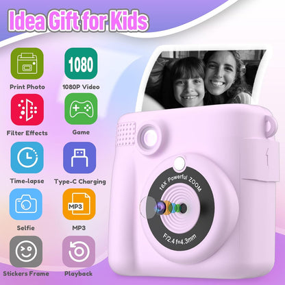 Instant Print Camera for Kids, Christmas Birthday Gifts for Girls Boys, HD Digital Video Cameras for Toddler, Portable Toy for 4 5 6 7 8 9 10 Year Old Girl with 32GB SD Card-Purple