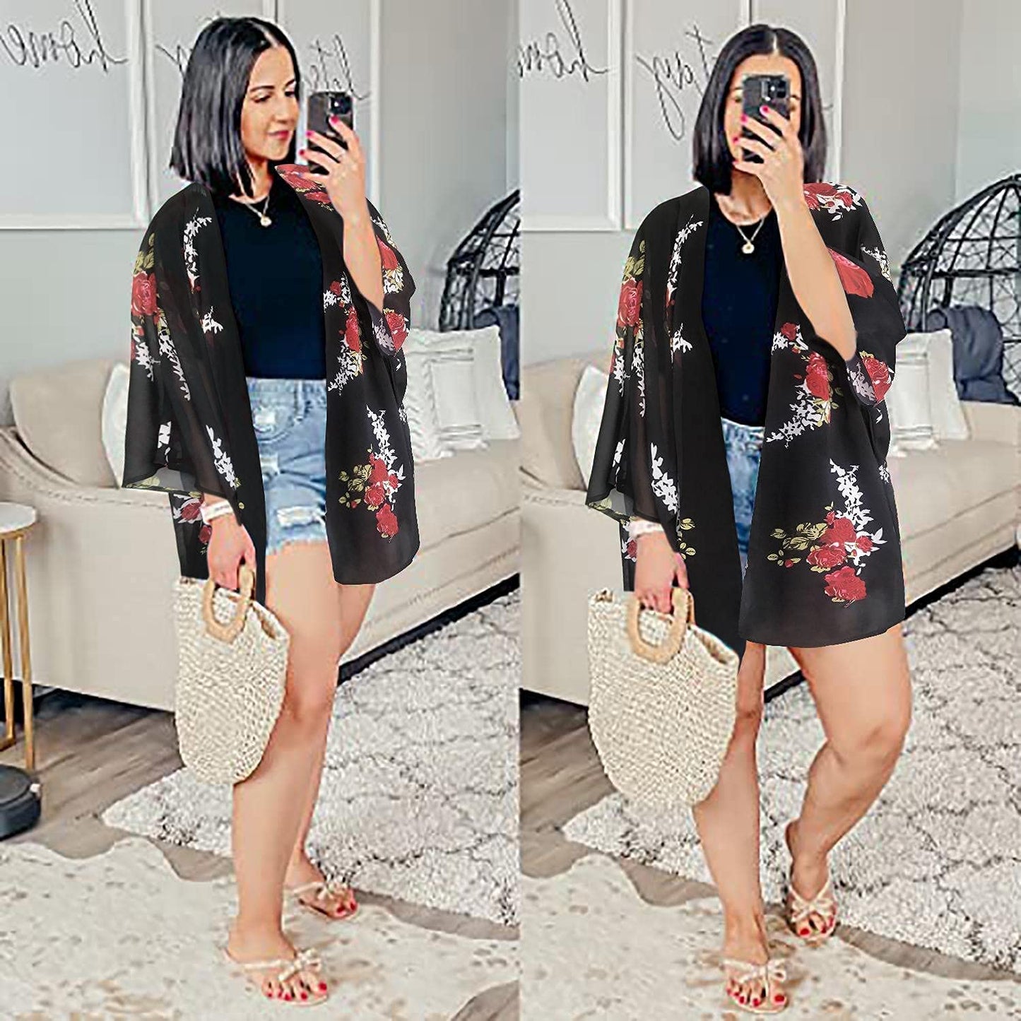 Women's Floral Print Puff Sleeve Kimono Cardigan Loose Cover Up Casual Blouse Tops