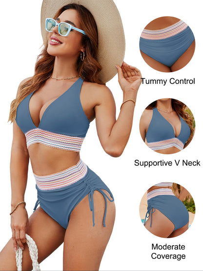 Blooming Jelly Women High Waisted Bikini Sets Tummy Control Swimsuits Color Block Two Piece Drawstring Bathing Suit