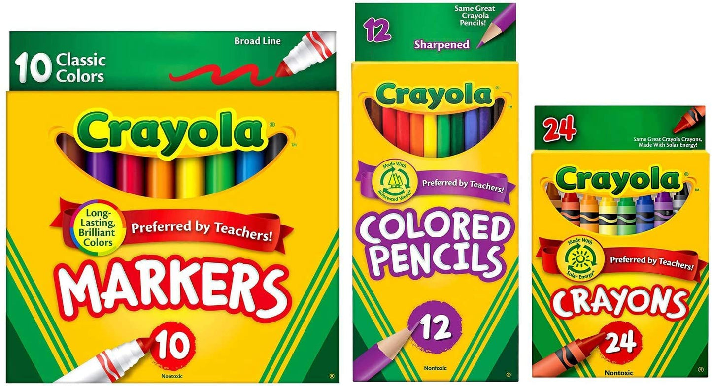 Crayola Classic Bundle: 3 Items - Crayons (24 Count), Broad Line Markers (10 Count), Colored Pencils (12 Count)