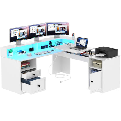 YITAHOME L Shaped Desk with Drawers, 60” Computer Desk with Power Outlets & Lift Top, Home Office Desk with File Cabinet & LED Lights, Height Adjustable Desk, White