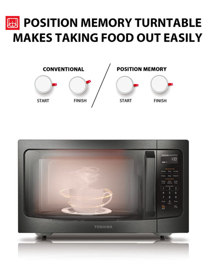 TOSHIBA EM131A5C-BS Countertop Microwave Ovens 1.2 Cu Ft, 12.4" Removable Turntable Smart Humidity Sensor 12 Auto Menus Mute Function ECO Mode Easy Clean Interior Black Color 1100W