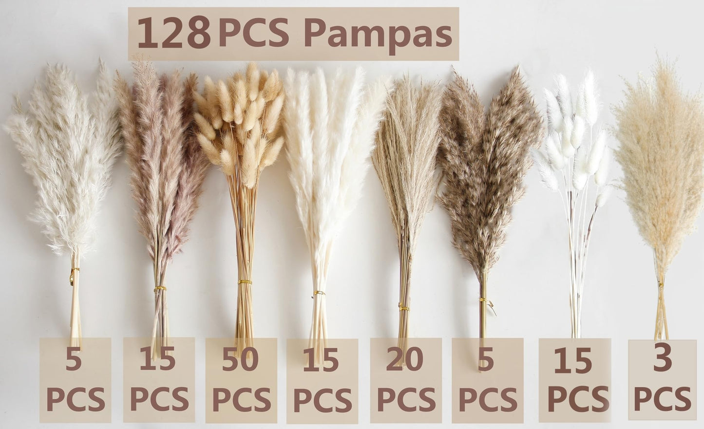 110 PCS Dried Pampas Grass Bouquet, Boho Table Decor, Bunny Tails Dried Flowers, Brown Pompas, White Pampas Grass for Wedding, Home, Rustic Party, Baby Shower Decorations