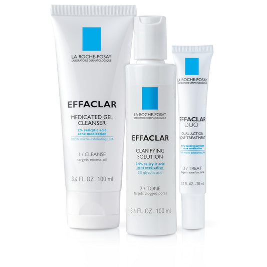 La Roche-Posay Effaclar Dermatological 3 Step Acne Treatment System, Salicylic Acid Acne Cleanser, Pore Refining Toner, and Benzoyl Peroxide Spot Treatment for Sensitive Skin, 2-Month Supply