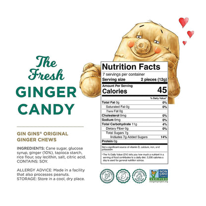 GIN GINS Original Ginger Chews by The Ginger People – Anti-Nausea and Digestion Aid, Individually Wrapped Healthy Candy – Original Flavor, 3 Oz Bag (Pack of 1)