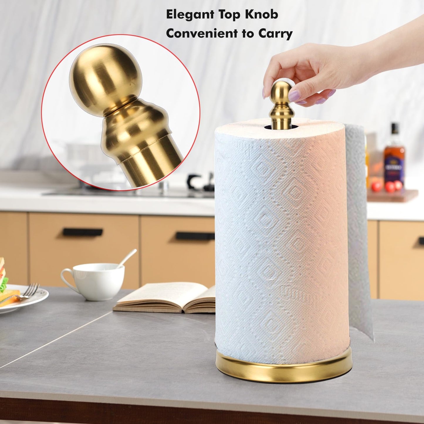 Gold Paper Towel Holder Countertop, Standing Paper Towel Roll Holder for Kitchen Bathroom, with Weighted Base for One-Handed Operation (Gold)