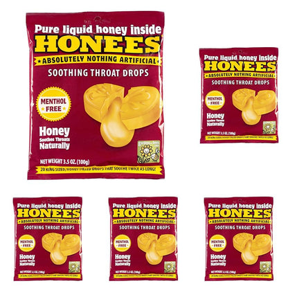 Honees Honey Filled Cough Drops - 20-Piece Single Pack Menthol-Free Lozenges | Temporary Relief from Cough | Soothes Sore Throat | All Natural