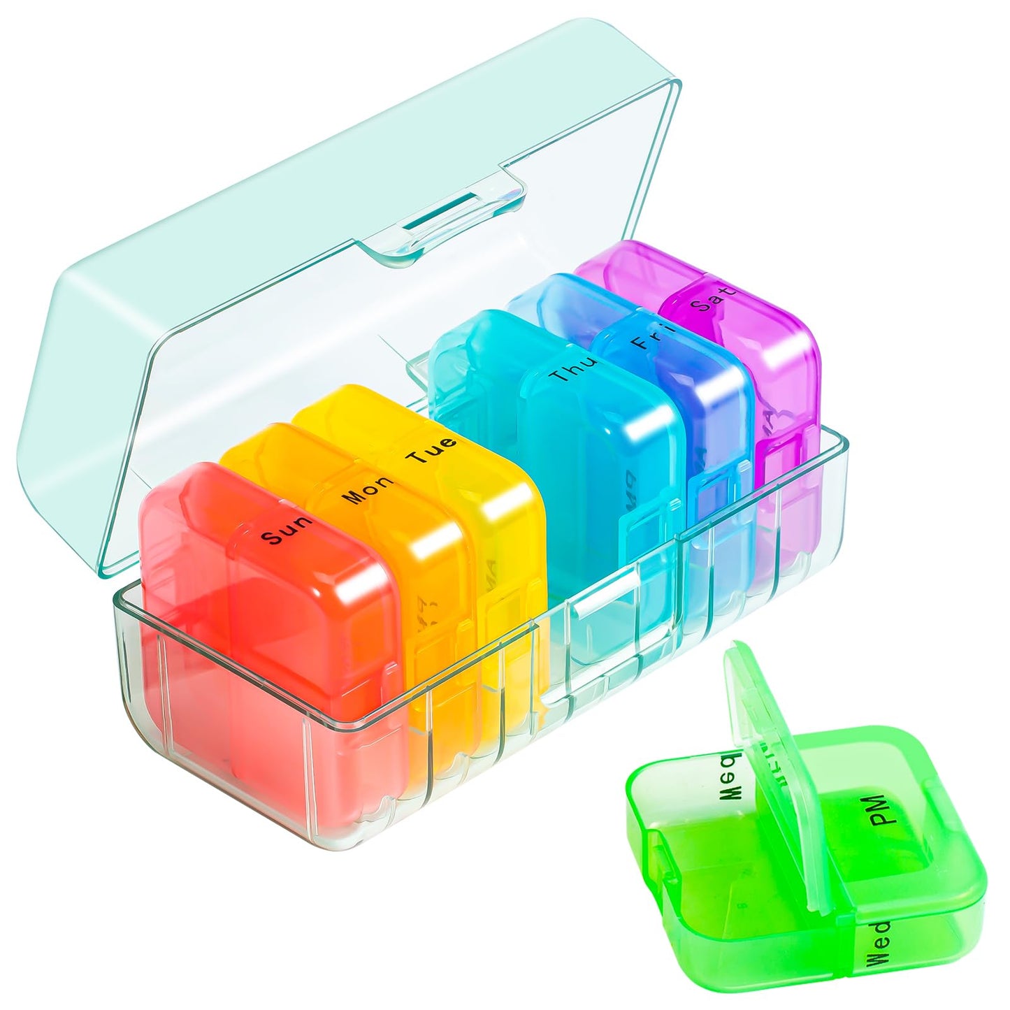 Zoksi Weekly Pill Organizer 2 Times a Day, Rainbow 7 Day Pill Box, Daily Am Pm Pill Organizer, Portable Case for Fish Oils, Vitamin, Supplement