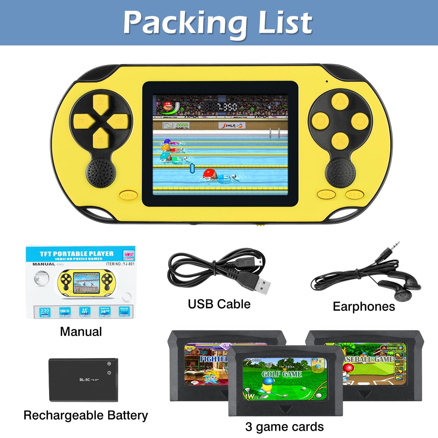 16 Bit Handheld Game Console for Kids Adults, 3.0'' Large Screen Preloaded 230 HD Classic Retro Video Games with USB Rechargeable Battery & 3 Game Cartridges for Birthday Gift for Kids 4-12