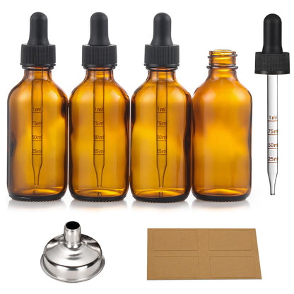 AOZITA 4 Pack, 2 oz Dropper Bottles with 1 Funnel & 4 Labels - 60ml Thick Dark Amber Glass Tincture Bottles with Eye Droppers - Leakproof Essential Oils Bottles