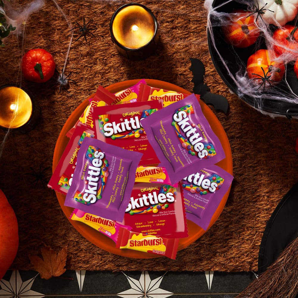 SKITTLES Original, SKITTLES Wild Berry & STARBURST Original and STARBURST FaveReds Fun Size Nut Free Individually Wrapped Trick or Treat Halloween Candy Variety Pack, Party Size, 20.13 Oz Bulk Bag