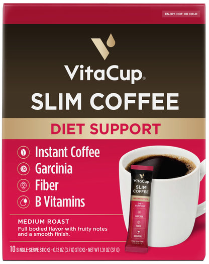 VitaCup Slim Instant Coffee Packets, with Garcinia, Fiber, B Vitamins, Bold & Smooth, Medium Dark Roast, 100% Arabica Coffee in Single Serve Sticks, 24 Ct