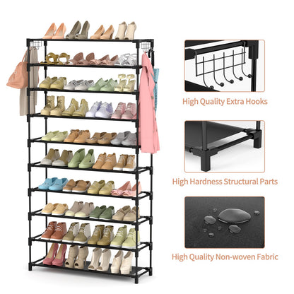 10 Tiers Shoe Rack 50 Pairs Large Capacity Tall Shoe Organizer Sturdy Shoe Storage with Two Hooks Space Saving Metal Wide Shoe Rack for Closet, Entryway, Bedroom, Grey