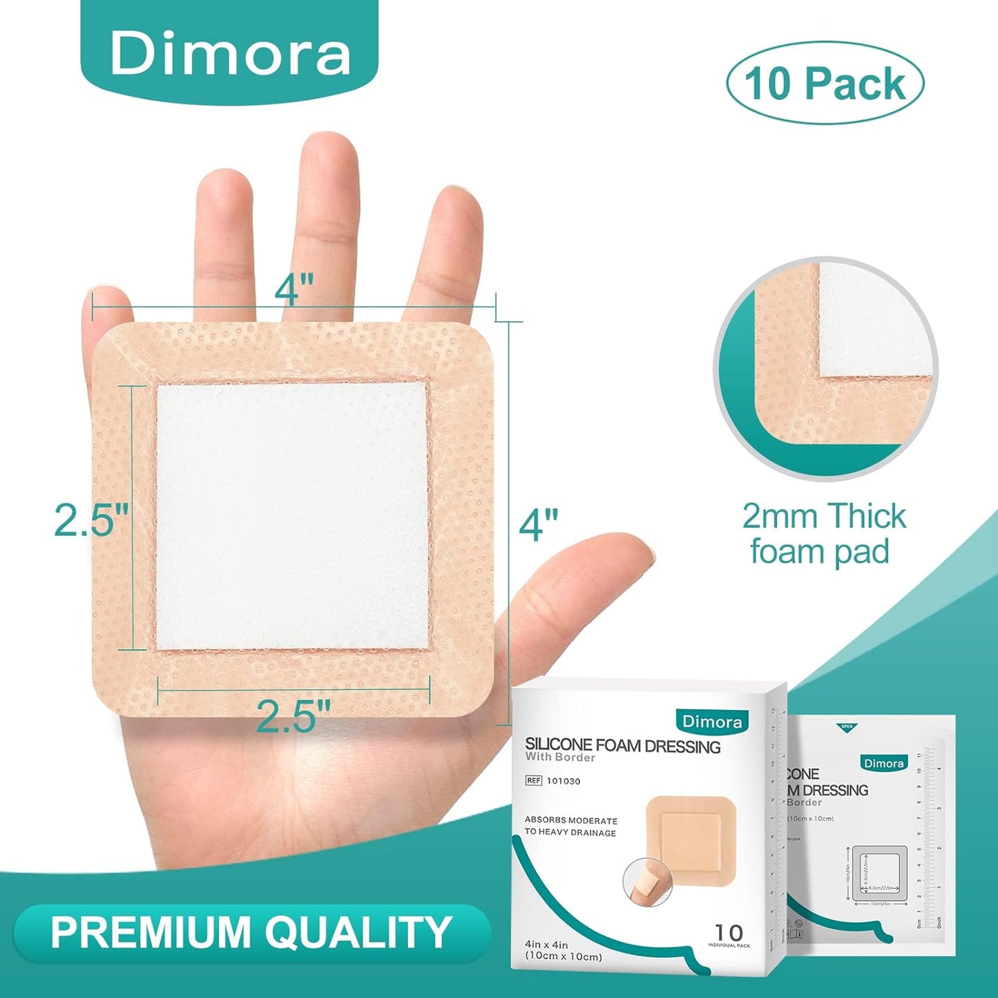 Dimora Silicone Foam Dressing with Border Adhesive 4"x4" Wound Dressing First Aid Bandage for Wound Care 10 Pack FSA/HSA Approved