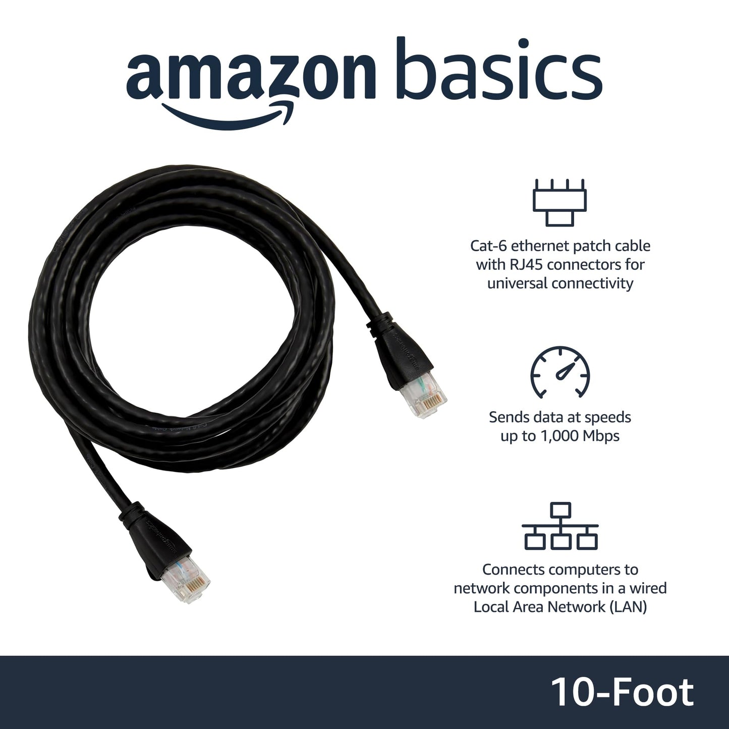 Amazon Basics RJ45 Cat-6 Ethernet Patch Cable, 1Gpbs Transfer Speed, Gold-Plated Connectors, 25 Foot (7.6 Meters), Black