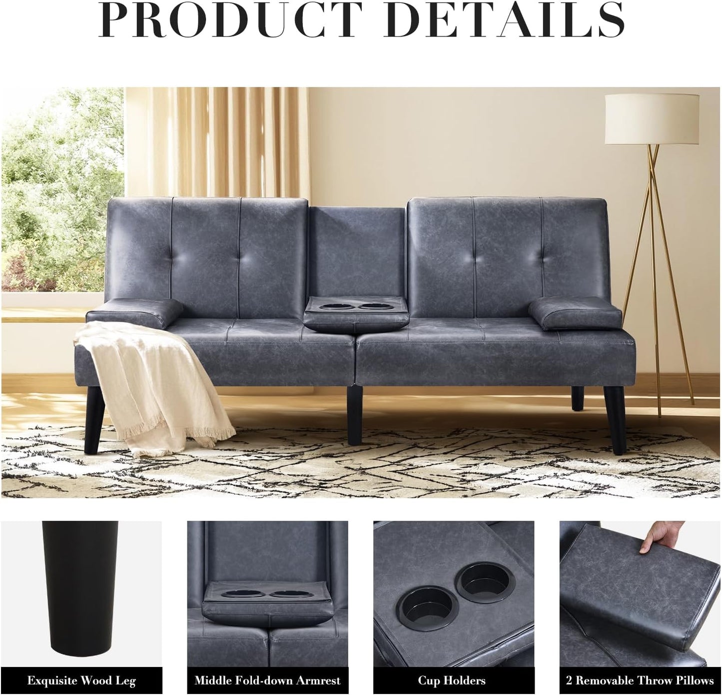 COLAMY Futon Sofa Bed-Leather Small Futon Couch, Futon Lounge Sofa, Futon Convertible with Cup Holder, Removable Armrest, Adjustable Backrest Darkgrey