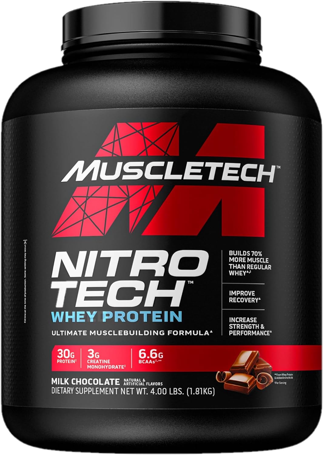 Muscletech Whey Protein Powder (Milk Chocolate, 4 Pound) - Nitro-Tech Muscle Building Formula with Whey Protein Isolate & Peptides - 30g of Protein, 3g of Creatine & 6.6g of BCAA