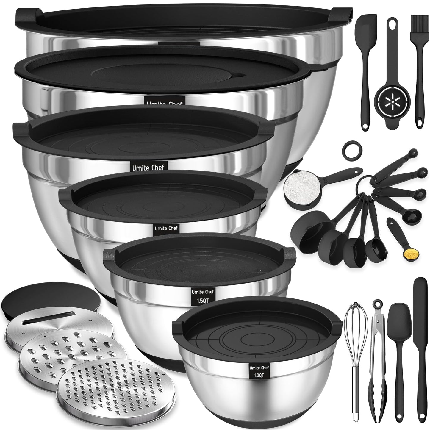 Mixing Bowls with Airtight Lids Set, 26PCS Stainless Steel Khaki Bowls with Grater Attachments, Non-Slip Bottoms & Kitchen Gadgets Set, Size 7, 4, 2.5, 2.0,1.5, 1QT, Great for Mixing & Serving