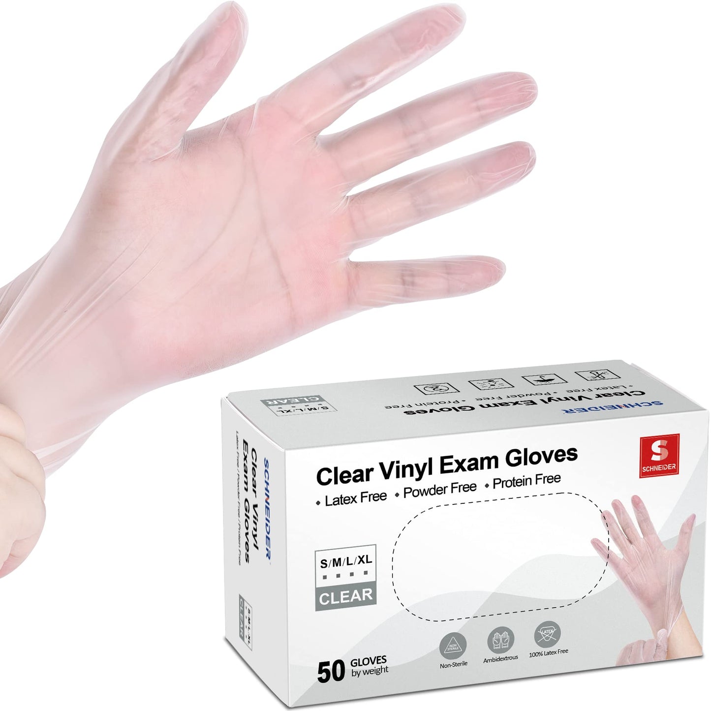 Schneider Clear Vinyl Exam Gloves, Latex-Free, Disposable Medical Gloves, Cleaning Gloves, Food Safe, Powder-Free, 4 mil