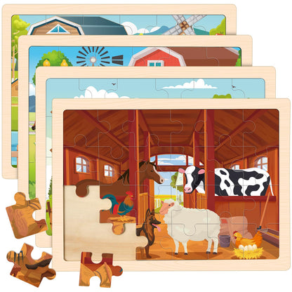 4-in-1 Farm Wooden Puzzles for Kids Ages 4-6, 24 PCS Wooden Jigsaw Puzzles for Toddlers Ages 2-4, Preschool Educational Puzzles Boards Toys Gifts for 3 4 5 6 Boys Girls