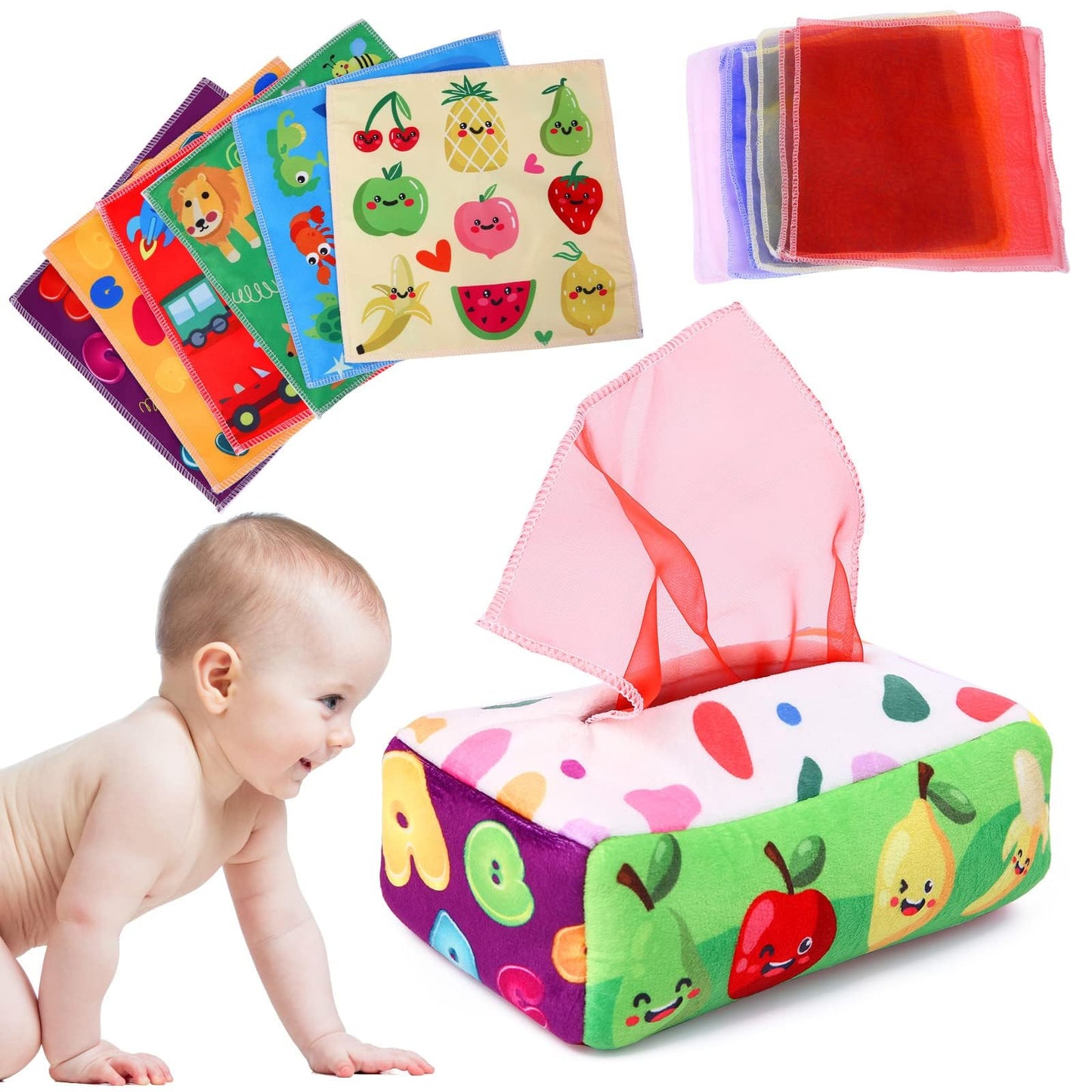 YOGINGO Baby Toys 6 to 12 Months - Tissue Box Toy Montessori for Babies 6-12 Months, Soft Stuffed High Contrast Crinkle Infant Sensory Toys, Boys&Girls Kids Early Learning Gifts