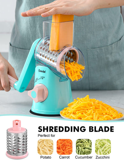 Geedel Rotary Cheese Grater, Kitchen Mandoline Vegetable Slicer with 3 Interchangeable Blades, Easy to Clean Grater for Fruit, Vegetables, Nuts