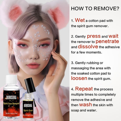 BOBISUKA Spirit Gum Adhesive and Remover Kit - 5ml Spirit Gum & 30ml SFX Makeup Adhesive Remover, Professional Prosthetic Make Up Glue for Halloween, Stage, Cosplay, Special FX (0.17oz + 1.01 oz)